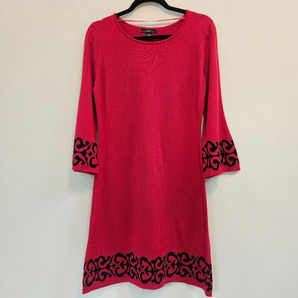 R&K Sweater Dress Midi Women Sz M Red Black Pattern on Bottom Trumpet Sleeves